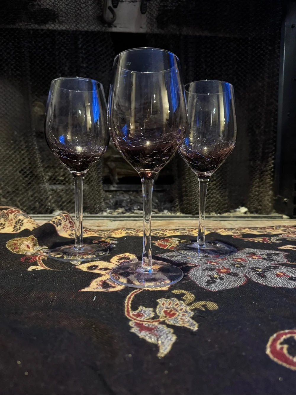 Pier 1 Imports Purple Crackle Wine Glasses Amethyst Hand Blown Clear Stem